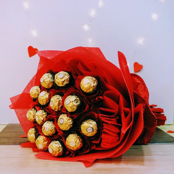 Chocolate bouquet wrapped in red paper